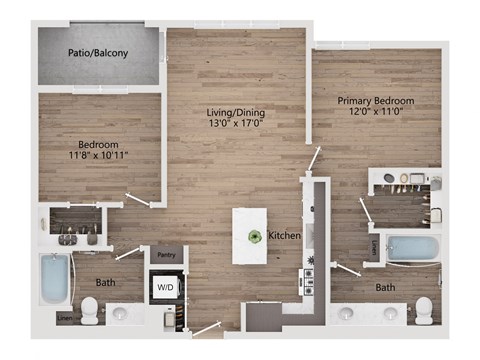 A floor plan of a house with a living room, dining room, kitchen, two bathrooms, a pantry, and two bedrooms.